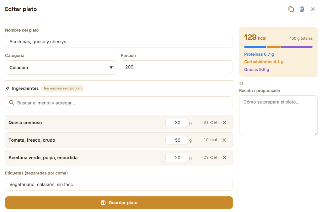 Editor de platos de SoloNutris: elegís ingredientes y las kcal y macros se calculan solos