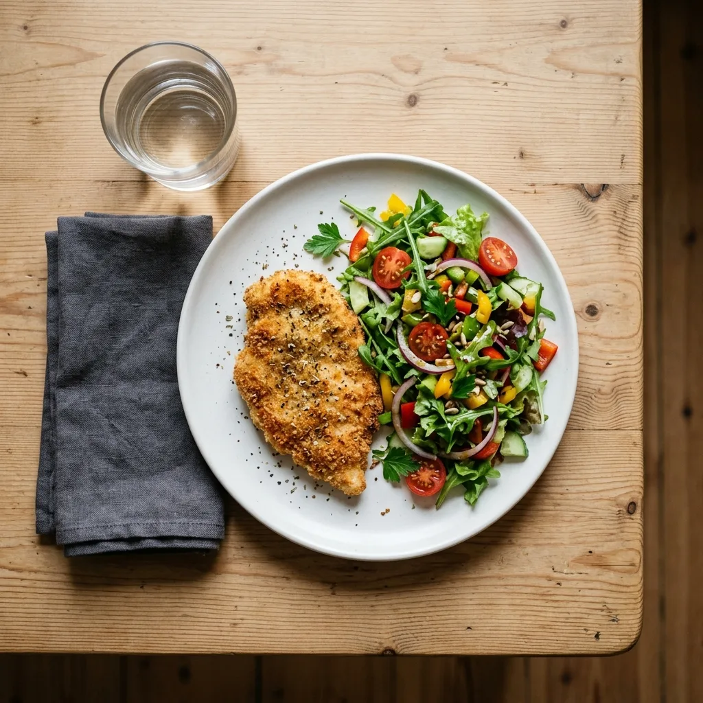 Milanesa de pollo al horno con ensalada mixta