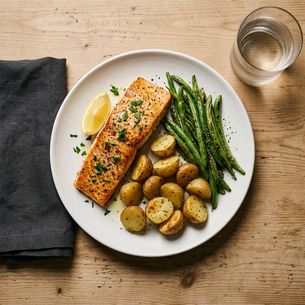 Salmón al horno con chauchas y papa